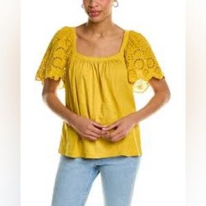 Boden Yellow‎ Eyelet Sleeve Square Neck Top Size 6 EUC